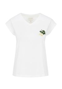 Ochnik - Kremowy bawełniany T-shirt damski. Kolor: biały. Materiał: bawełna. Długość: krótkie. Wzór: nadruk, aplikacja, kwiaty