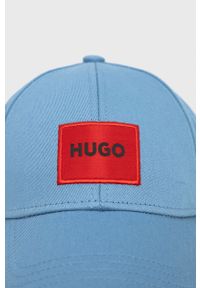 Hugo - HUGO czapka bawełniana z aplikacją. Kolor: niebieski. Materiał: bawełna. Wzór: aplikacja