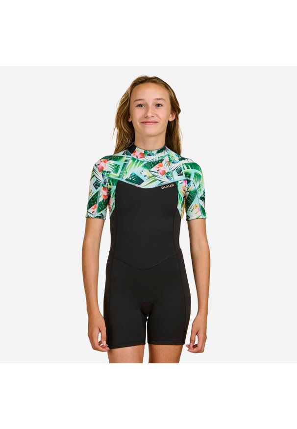 Decathlon - Krótka pianka surfingowa dla dzieci Olaian 500 Tiare z neoprenu 1,5 mm. Kolor: czarny, wielokolorowy, zielony. Materiał: neopren