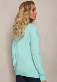 Renee - Miętowy Warkoczowy Sweter z Długim Rękawem i Ściągaczami Kaviss. Kolor: miętowy. Materiał: dzianina. Długość rękawa: długi rękaw. Długość: długie. Wzór: ze splotem. Styl: klasyczny #5