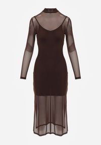 Renee - Brązowa Prześwitująca Sukienka Dzianinowa Midi z Halką Bavina. Kolor: brązowy. Materiał: dzianina. Długość rękawa: na ramiączkach. Typ sukienki: dopasowane. Styl: elegancki. Długość: midi #6