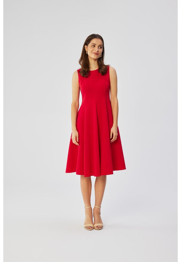 Stylove - Elegancka rozkloszowana sukienka koktajlowa czerwona. Kolor: czerwony. Styl: elegancki, wizytowy