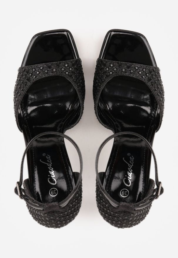 Renee - Czarne Cyrkoniowe Sandały na Szpilce z Kwadratowym Noskiem Sororia. Okazja: na imprezę. Kolor: czarny. Materiał: skóra. Wzór: aplikacja. Obcas: na szpilce. Styl: glamour, elegancki