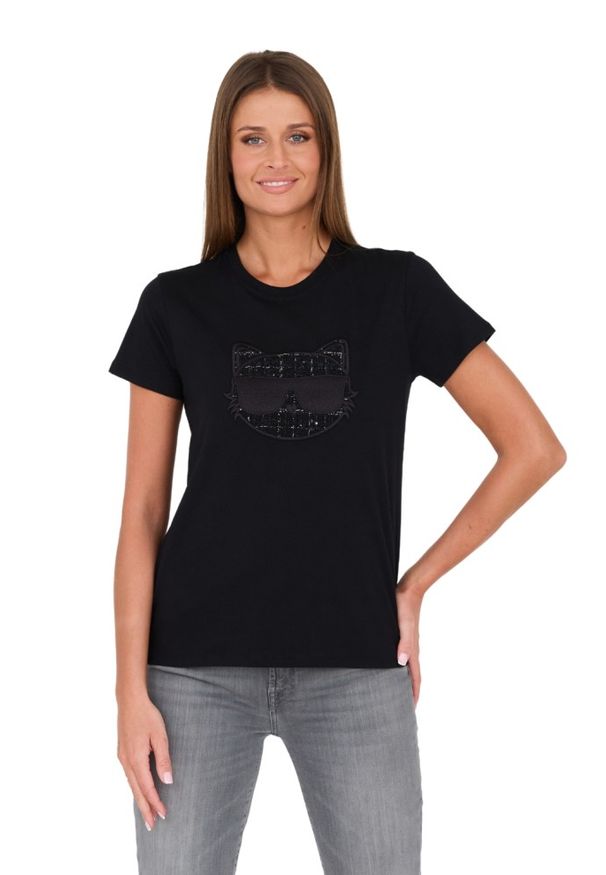 Karl Lagerfeld - KARL LAGERFELD Czarny damski t-shirt Boucle Choupette, Rozmiar S. Kolor: czarny. Materiał: bawełna