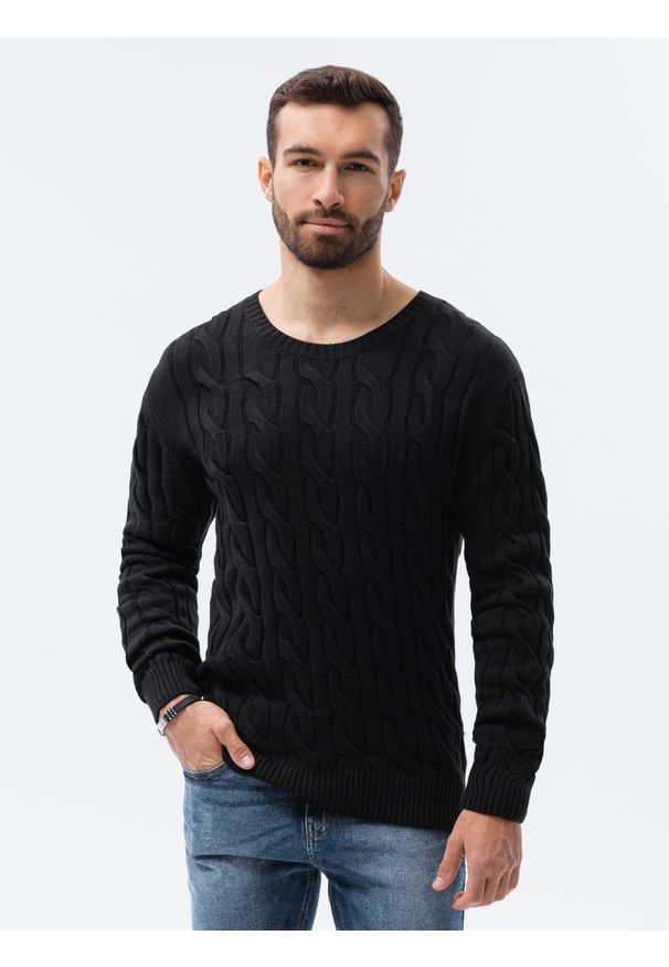 Ombre Clothing - Sweter męski z warkoczowym splotem - czarny V3 E195 - XXL. Okazja: na co dzień. Kolor: czarny. Materiał: jeans, akryl, bawełna. Wzór: ze splotem. Styl: casual, klasyczny, elegancki
