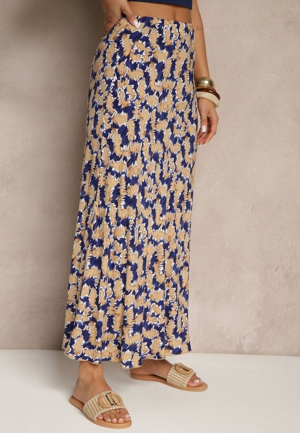 Renee - Granatowo-Beżowa Rozkloszowana Spódnica z Wiskozy High Waist Fevanice. Okazja: na co dzień. Stan: podwyższony. Kolor: niebieski. Materiał: wiskoza. Styl: elegancki, casual