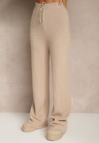 Renee - Beżowe Dzianinowe Spodnie Wide Leg z Ociepleniem Miosea. Okazja: do domu, na co dzień, na spacer. Kolor: beżowy. Materiał: dzianina. Styl: casual, elegancki