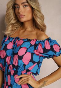 Renee - Granatowo-Różowa Sukienka Hiszpanka z Bawełny z Modelującą Gumką w Pasie Vearica. Typ kołnierza: dekolt hiszpanka. Kolor: niebieski. Materiał: bawełna. Sezon: lato #5