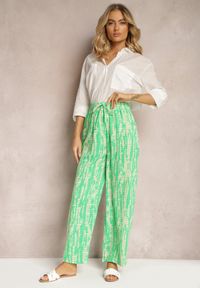 Renee - Zielone Spodnie z Szerokimi Nogawkami z Abstrakcyjnym Wzorem i Gumką w Pasie Sarieta. Kolor: zielony #2