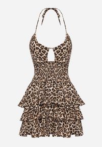 Born2be - Beżowa Sukienka w Cętki Wiązana na Szyi z Falbankami Filanne. Okazja: na co dzień. Typ kołnierza: kołnierz z falbankami. Kolor: beżowy. Styl: casual, elegancki #6