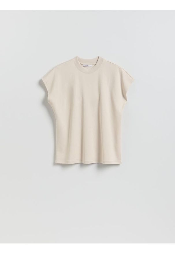 Reserved - T-shirt z raglanowym rękawem - beżowy. Kolor: beżowy. Materiał: dzianina, bawełna. Długość rękawa: raglanowy rękaw. Wzór: gładki