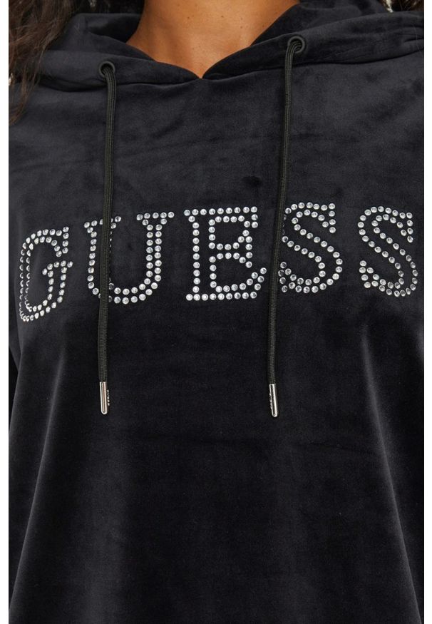 Guess - GUESS Сzarna damska długa welurowa bluza z kapturem Couture, Rozmiar S. Typ kołnierza: kaptur. Kolor: czarny. Materiał: welur. Długość: długie