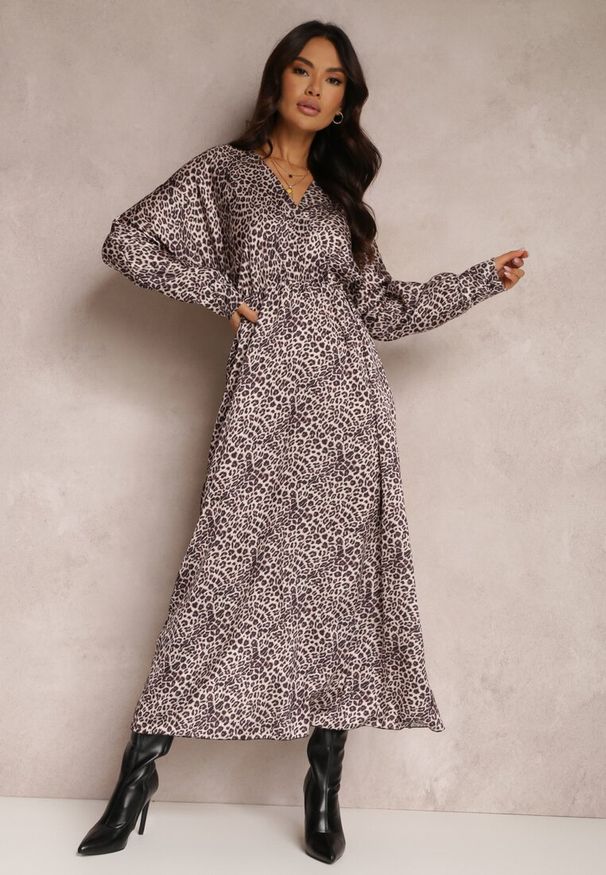 Renee - Beżowo-Brązowa Sukienka Rozkloszowana z Gumką w Pasie Philida. Okazja: na co dzień. Typ kołnierza: dekolt w kształcie V. Kolor: brązowy. Typ sukienki: rozkloszowane. Styl: elegancki, casual, wizytowy