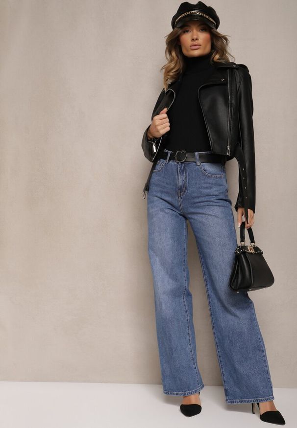 Renee - Niebieskie Jeansy z Paskiem o Szerokim Kroju z Wywiniętymi Nogawkami w Kwiatowy Wzór Senarith. Okazja: na co dzień. Kolor: niebieski. Wzór: kwiaty. Styl: casual, elegancki