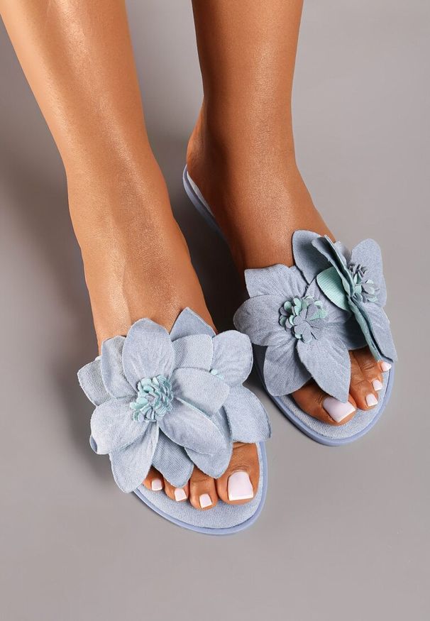 Born2be - Niebieskie Płaskie Klapki z Imitacji Zamszu Ozdobione Kwiatem Bioliara. Okazja: na plażę. Kolor: niebieski. Materiał: zamsz. Wzór: aplikacja, kwiaty. Sezon: lato. Styl: elegancki