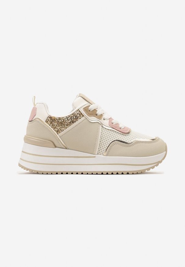 Renee - Beżowe Sneakersy na Niskiej Platformie ze Wstawkami z Brokatu Quinnes. Okazja: na co dzień. Zapięcie: sznurówki. Kolor: beżowy. Obcas: na platformie