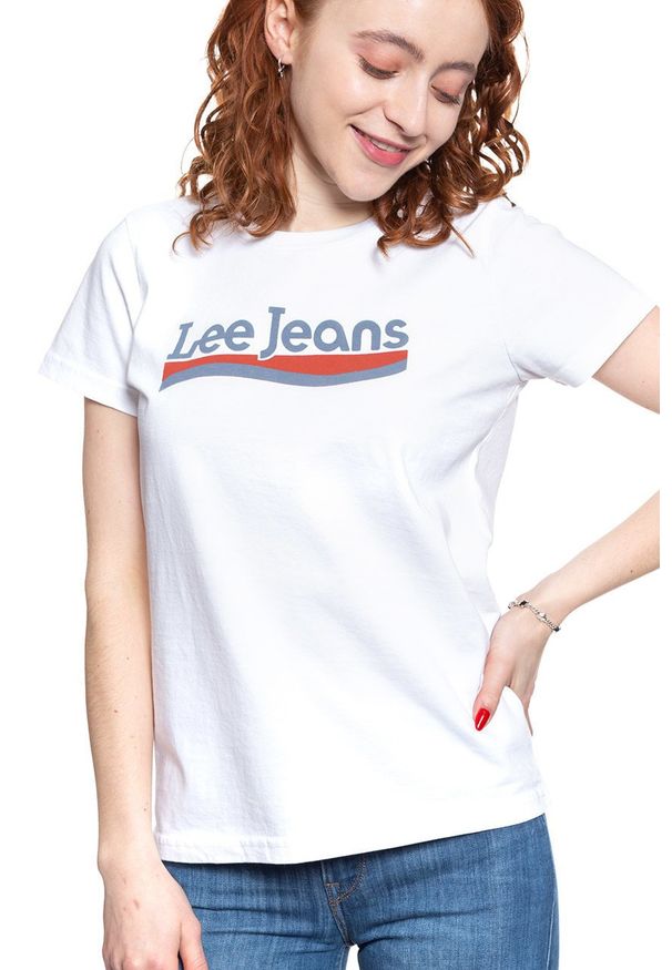 Lee - LEE T SHIRT DAMSKI CREW NECK TEE BRIGHT WHITE L41LETLJ 112109060. Okazja: na uczelnię. Materiał: bawełna, denim, materiał, jeans. Długość rękawa: krótki rękaw. Długość: krótkie. Wzór: kolorowy, nadruk, napisy. Sezon: lato. Styl: sportowy, klasyczny