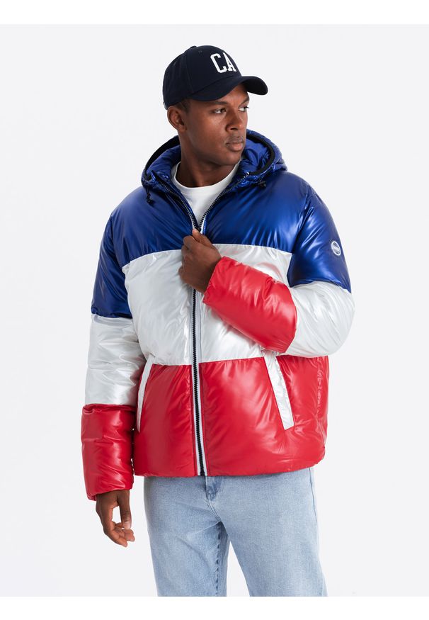 Ombre Clothing - Kurtka męska zimowa trzykolorowa świecąca - granatowa V3 - Rozmiar: L. Kolor: niebieski. Materiał: poliester, nylon. Sezon: zima