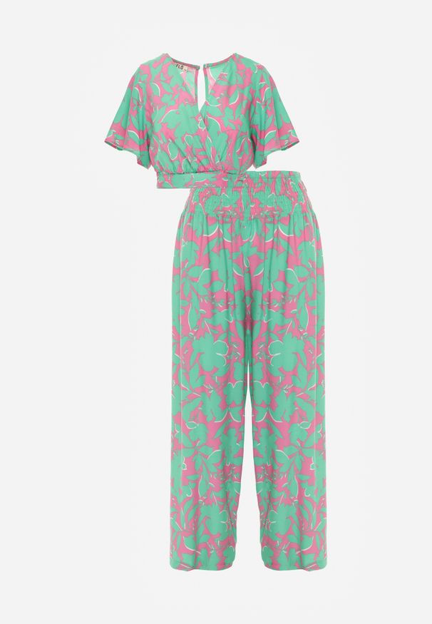 Renee - Jasnozielony 2-częściowy Komplet z Szerokimi Spodniami i Krótką Bluzką z Wiskozy Steliisa. Kolor: zielony. Materiał: wiskoza. Wzór: aplikacja, kwiaty