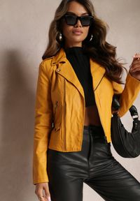 Renee - Żółta Kurtka Ramoneska z Zasuwanymi Kieszeniami i Klapami Amella. Okazja: na co dzień. Kolor: żółty. Materiał: skóra. Styl: klasyczny, casual #5