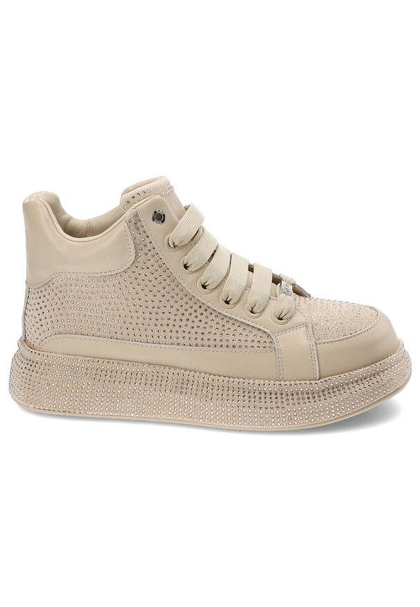 GOE - Beżowe Sneakersy Goe Stylowe Błyszczące Obuwie Damskie. Zapięcie: sznurówki. Kolor: beżowy. Materiał: materiał. Wzór: aplikacja