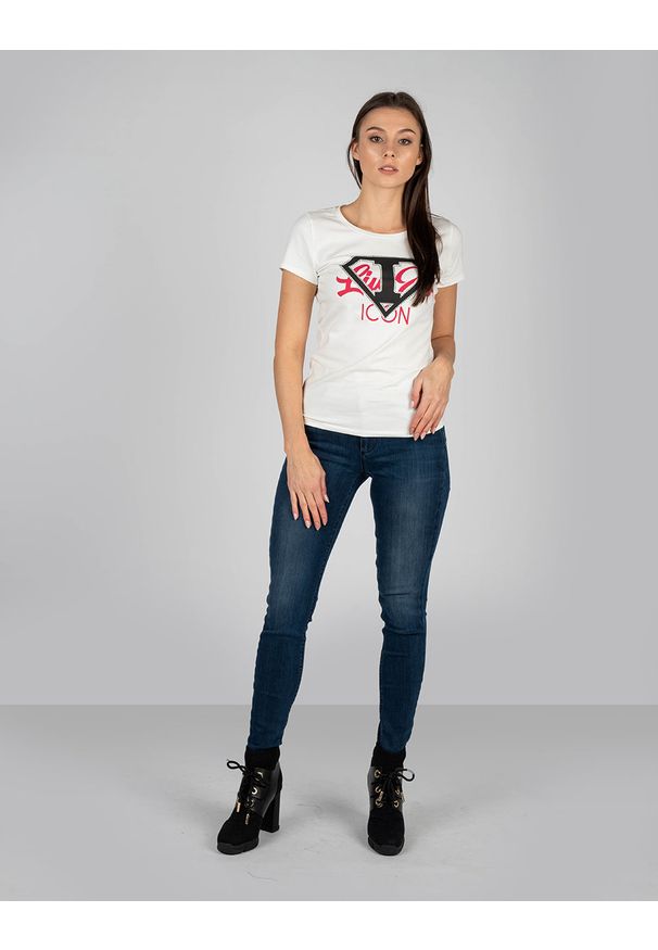 Liu Jo - Liu-Jo T-Shirt | TF1219 J5972 | Kobieta | Beżowy. Kolor: beżowy. Materiał: bawełna, elastan. Wzór: nadruk, aplikacja