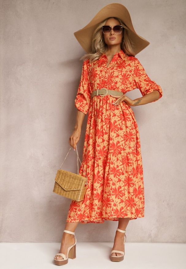 Renee - Pomarańczowa Rozkoszowana Sukienka z Koszulową Górą i Wzorem w Kwiaty Nealavin. Okazja: na co dzień. Kolor: pomarańczowy. Długość rękawa: długi rękaw. Wzór: kwiaty. Typ sukienki: koszulowe. Styl: casual. Długość: maxi