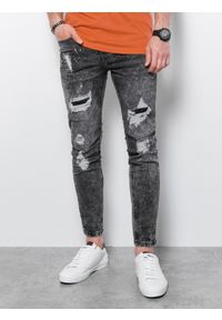 Ombre Clothing - Spodnie męskie jeansowe z dziurami SLIM FIT - szare V2 - Rozmiar: XXL. Kolor: szary. Materiał: jeans