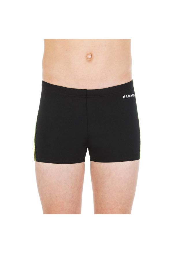 Decathlon - Bokserki pływackie dla dzieci Nabaiji 500 Fitib. Kolor: żółty, czarny, wielokolorowy, zielony. Materiał: poliester, materiał