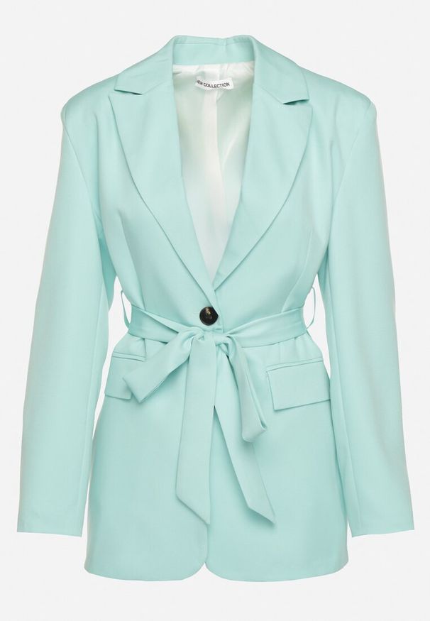 Born2be - Jasnozielona Jednorzędowa Marynarka z Paskiem i Usztywnionymi Ramionami Diomella. Okazja: na co dzień. Kolor: zielony. Materiał: jeans. Styl: elegancki, casual