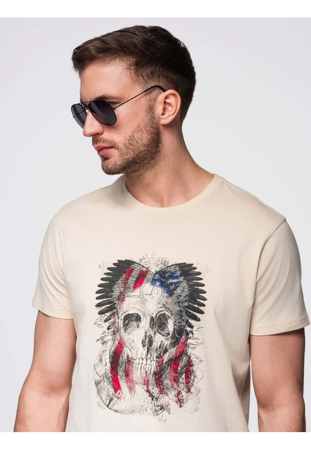 Ombre Clothing - Bawełniany t-shirt męski z nadrukiem w stylu rockowym – kremowy V1. Kolor: kremowy. Materiał: bawełna. Wzór: nadruk. Styl: rockowy