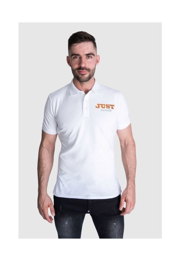 Just Cavalli - JUST CAVALLI Koszulka polo męska, biała złoto srebrne logo, Rozmiar S. Typ kołnierza: polo. Kolor: biały