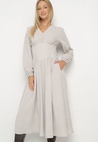 Born2be - Jasnobeżowa Sukienka z Wiskozą z Gorsetową Talią i Bufiastymi Rękawami Aniste. Okazja: na co dzień. Typ kołnierza: dekolt gorset. Kolor: beżowy. Materiał: wiskoza. Typ sukienki: gorsetowe. Styl: wizytowy, sportowy, casual, elegancki #7