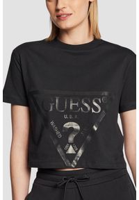Guess - GUESS Czarny bawełniany t-shirt damski Adele Crop, Rozmiar S. Okazja: na co dzień. Kolor: czarny. Materiał: bawełna. Długość: krótkie. Styl: casual #1