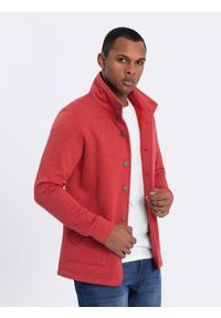 Ombre Clothing - Bluza męska casual ze stójką zapinana na guziki - czerwony melanż V3 OM-SSZP-0171 - XXL. Okazja: na co dzień. Typ kołnierza: kołnierzyk stójkowy. Kolor: czerwony. Materiał: bawełna, poliester. Wzór: melanż. Styl: casual #5