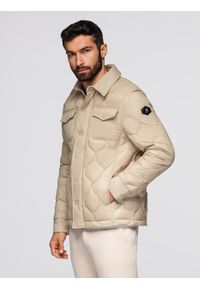 Ombre Clothing - Pikowana kurtka męska w koszulowym fasonie – beżowa V1 - Rozmiar: L. Okazja: na co dzień. Kolor: beżowy. Materiał: poliester, materiał. Wzór: aplikacja. Styl: casual, elegancki