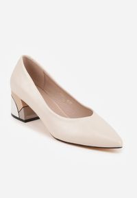 Born2be - Beżowe Czółenka VICES na Obcasie z Geometrycznym Zdobieniem Balsara. Okazja: na co dzień, do pracy, na spotkanie biznesowe. Kolor: beżowy. Materiał: prążkowany, jeans. Wzór: geometria, aplikacja. Obcas: na obcasie. Styl: klasyczny, casual, biznesowy, elegancki. Wysokość obcasa: średni #3