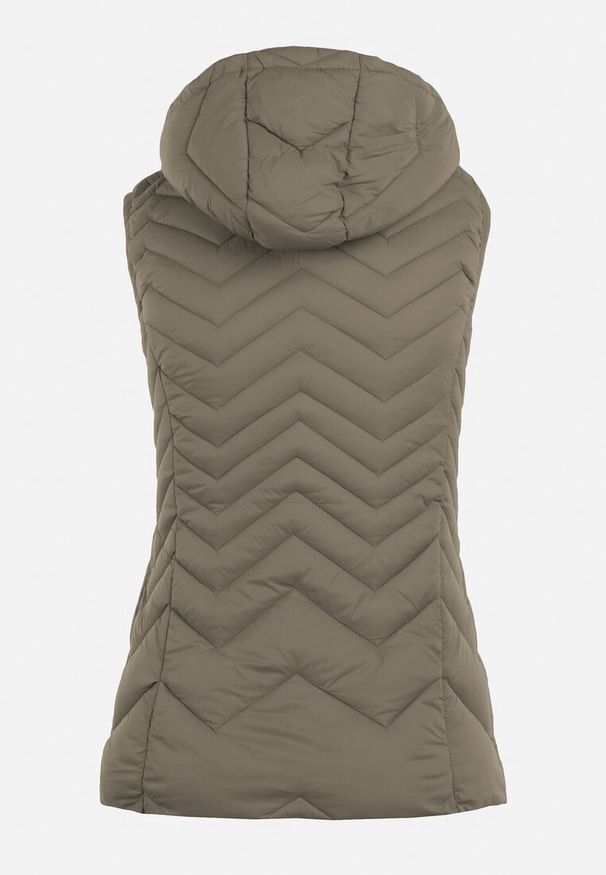 Born2be - Ciemnozielona Kamizelka Pikowana z Kapturem Euphiolea. Typ kołnierza: kaptur. Kolor: zielony. Wzór: geometria, aplikacja. Styl: elegancki