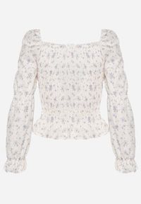 Born2be - Beżowo-Fioletowa Bluzka w Stylu Boho z Elastycznymi Gumeczkami w Kwiatki Kanuata. Kolor: beżowy. Wzór: kwiaty. Styl: boho #3