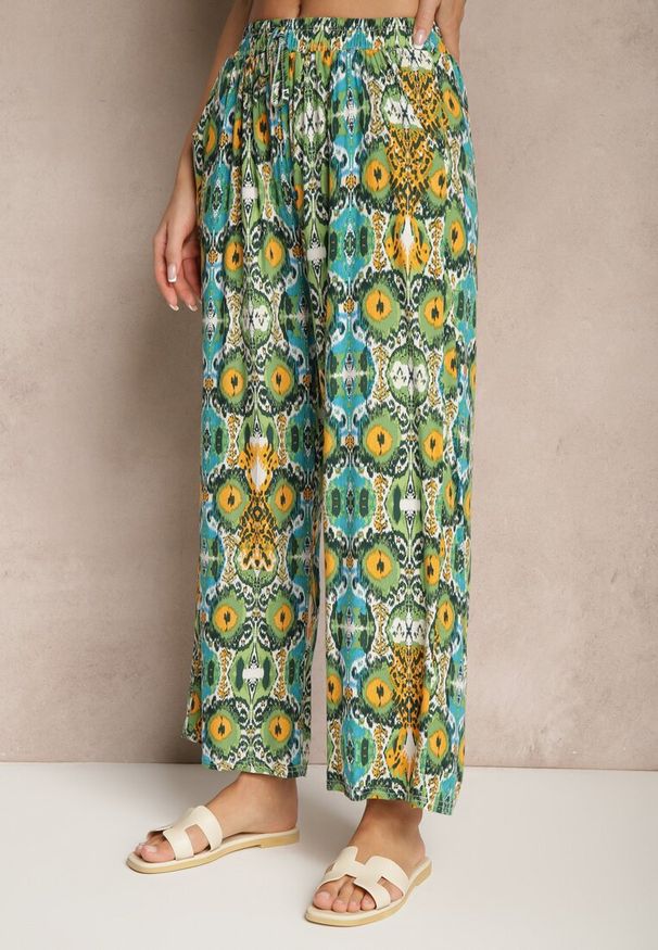 Renee - Zielone Bawełniane Spodnie High Waist Szerokie we Wzór Boho Tolioria. Okazja: na co dzień, do pracy. Stan: podwyższony. Kolor: zielony. Materiał: bawełna. Styl: boho