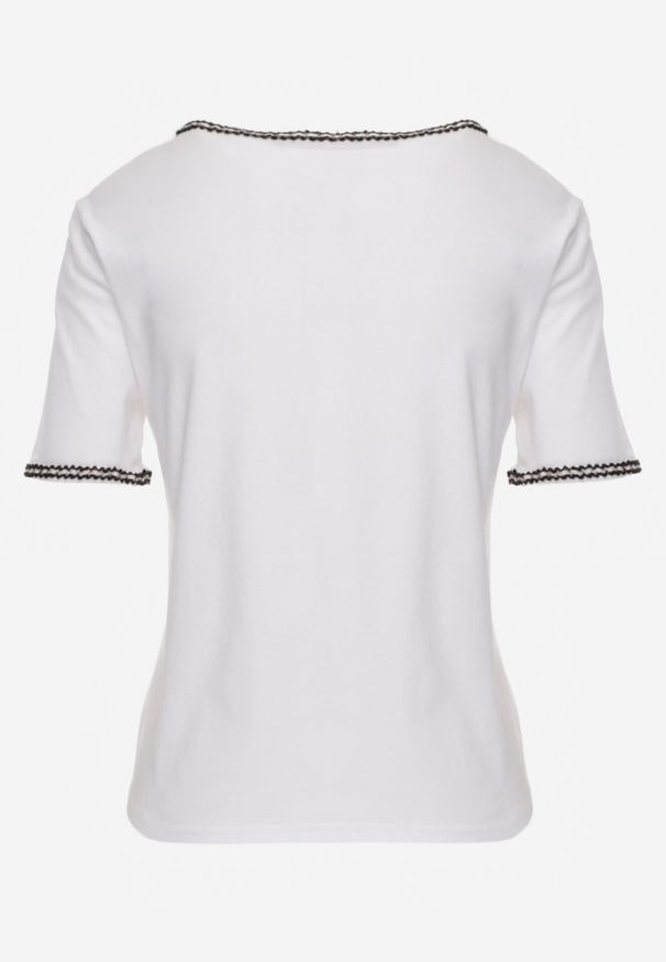 Renee - Biały T-shirt z Bawełny Zdobiony Lamówką z Metaliczną Nicią Petinope. Kolor: biały. Materiał: bawełna. Wzór: aplikacja