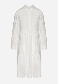 Born2be - Biała Bawełniana Sukienka Ażurowa o Koszulowym Kroju Ridivania. Okazja: na spacer, na co dzień. Typ kołnierza: kołnierzyk klasyczny. Kolor: biały. Materiał: bawełna. Długość rękawa: długi rękaw. Wzór: ażurowy. Typ sukienki: koszulowe. Styl: casual, elegancki, klasyczny #2