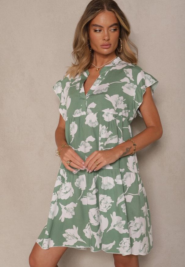 Renee - Zielona Sukienka z Bawełny Ozdobiona Kwiatami Liranea. Okazja: na co dzień. Kolor: zielony. Materiał: bawełna. Wzór: aplikacja, kwiaty. Styl: klasyczny, elegancki, casual