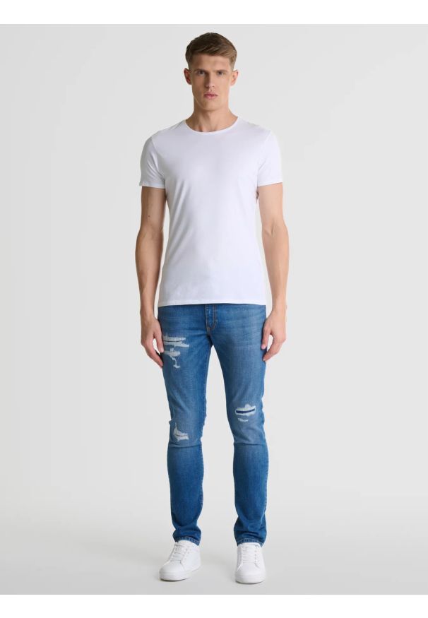 Big-Star - jeansy męskie skinny z przetarciami niebieskie deric 247. Stan: obniżony. Kolor: niebieski. Styl: elegancki