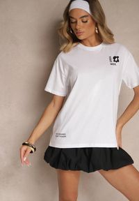Renee - Biało-Niebieski T-shirt z Bawełny Ozdobiony Nadrukiem Adneria. Okazja: na co dzień. Kolor: biały. Materiał: bawełna. Wzór: aplikacja, nadruk. Styl: casual #3