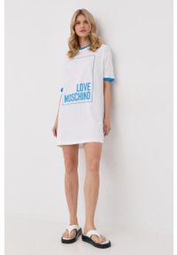 Love Moschino sukienka bawełniana kolor biały mini oversize. Kolor: biały. Materiał: bawełna. Długość rękawa: krótki rękaw. Wzór: nadruk. Typ sukienki: oversize. Długość: mini
