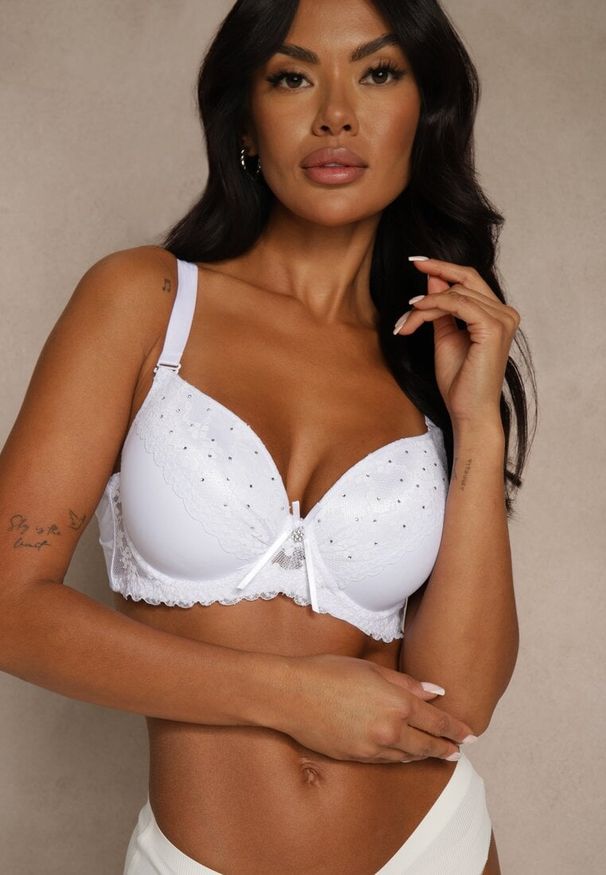 Renee - Biały Biustonosz z Koronką i Cyrkoniami Himelodia. Kolor: biały. Materiał: koronka. Wzór: koronka