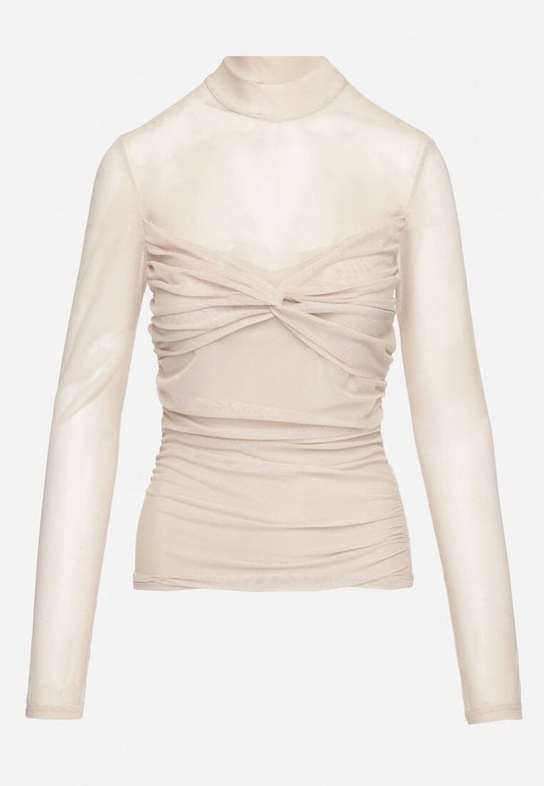 Born2be - Beżowa Bluzka Siateczkowa z Marszczeniem i Stójką Feltewia. Okazja: na co dzień. Typ kołnierza: kołnierzyk stójkowy. Kolor: beżowy. Materiał: materiał, jeans, skóra. Długość: długie. Styl: casual