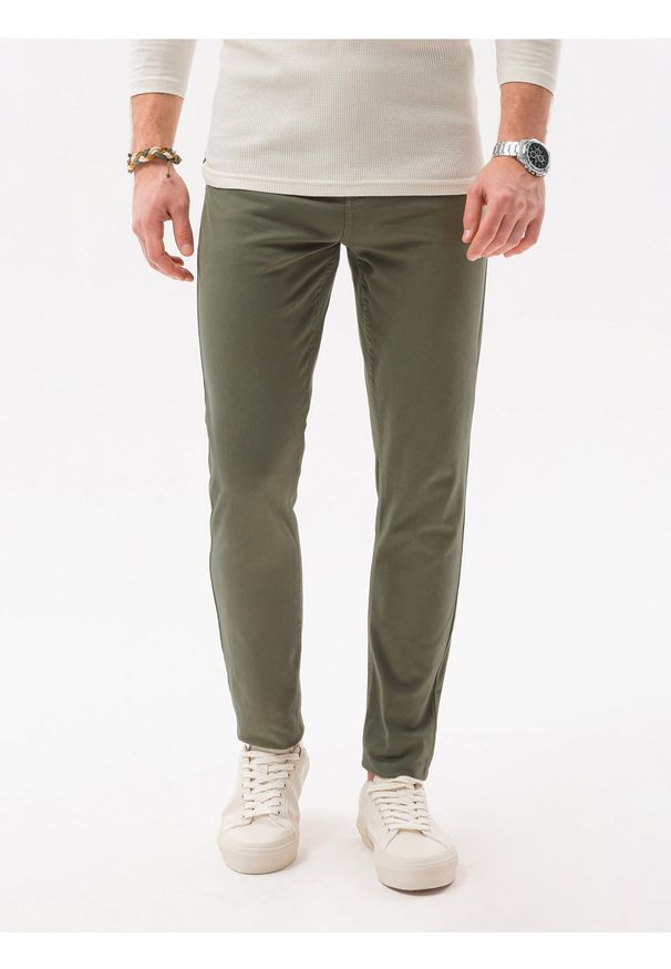 Ombre Clothing - Spodnie męskie chinosy SLIM FIT - oliwkowe V26 P1059 - XXL. Okazja: na co dzień. Kolor: oliwkowy. Materiał: tkanina, elastan, bawełna. Styl: casual
