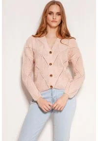 Lanti - Ażurowy Rozpinany Sweter - Różowy. Kolor: różowy. Materiał: akryl, bawełna. Wzór: ażurowy